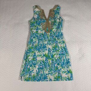 Lilly Pulitzer Janice Shift Dress Womens 2 Blue Green Metallic Trim Lighthouses